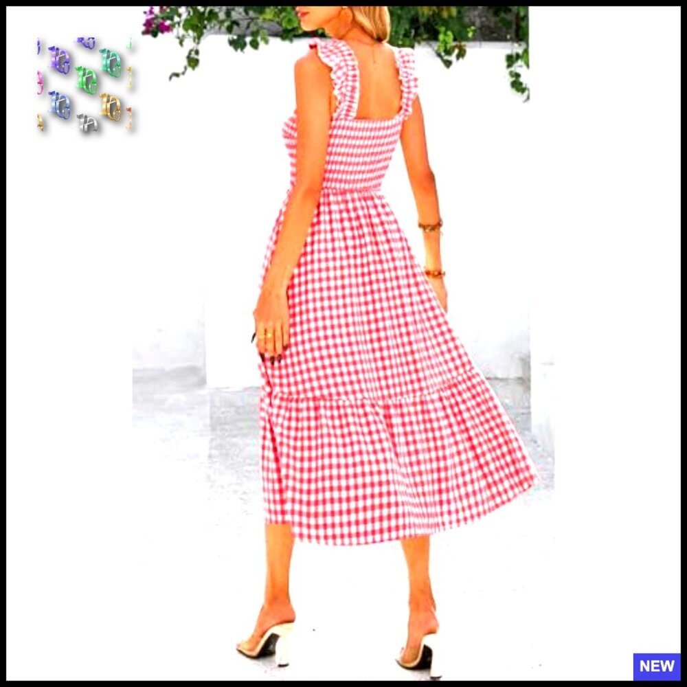 Square Neck Ruffle Strap Smocked Midi Dress Flowy A-Line Gingham Casual Chic - Picture 3 of 7
